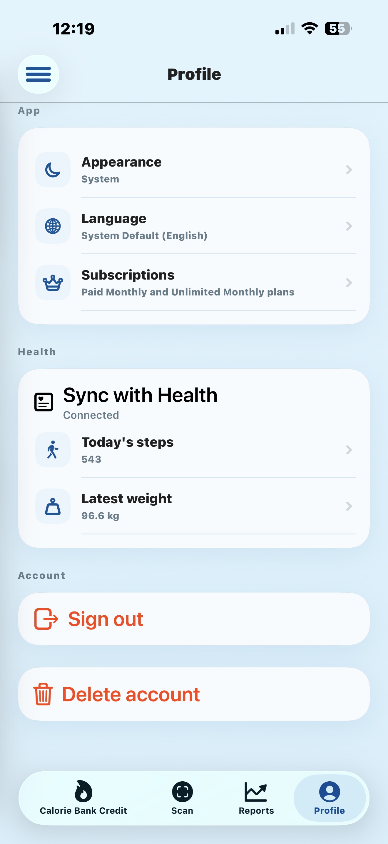 Calorie Bank Credit Profile screen showing the Delete account button
